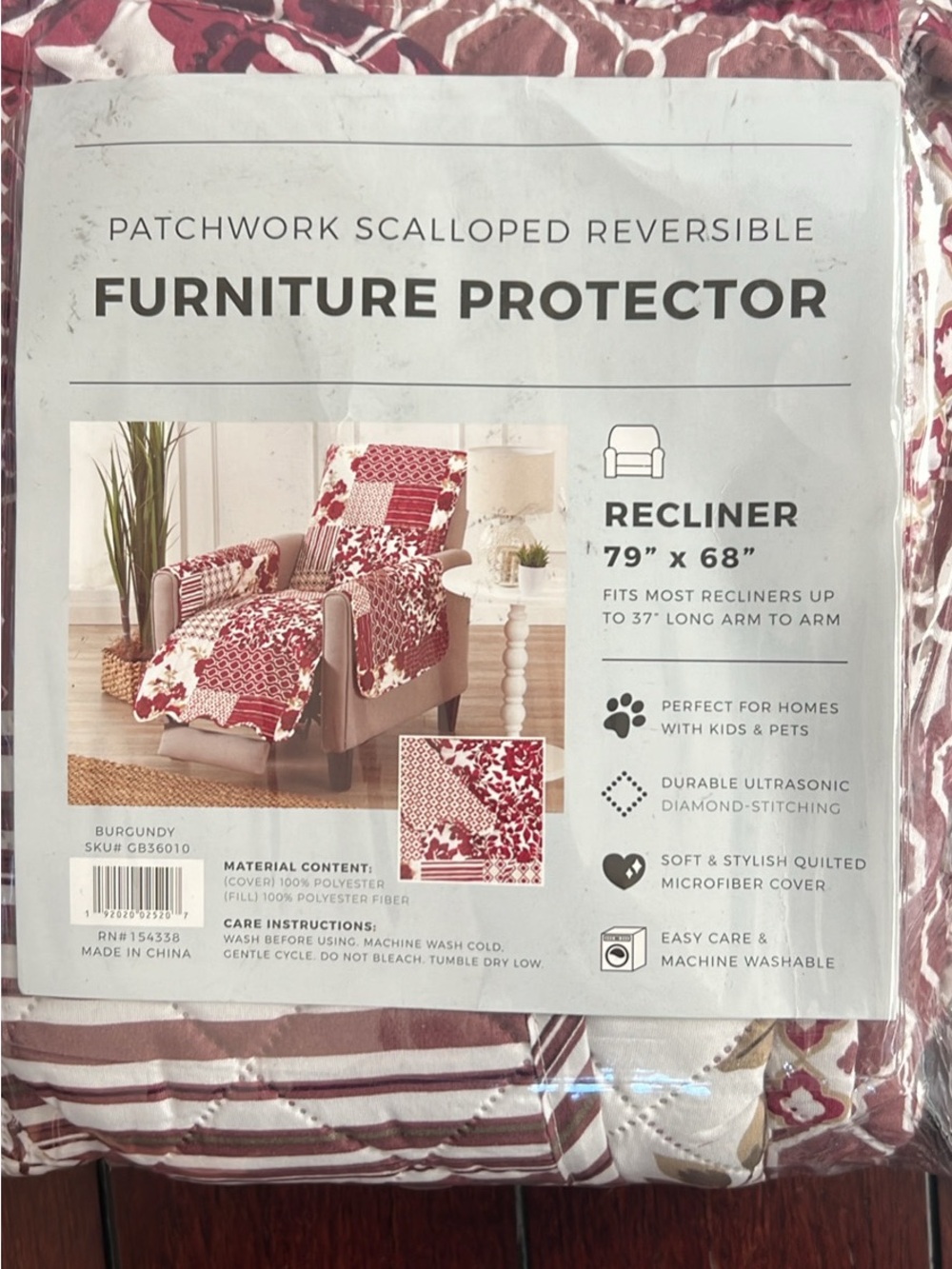 2 Patchwork Scalloped Reversible Furniture Protector Recliner - Burgundy